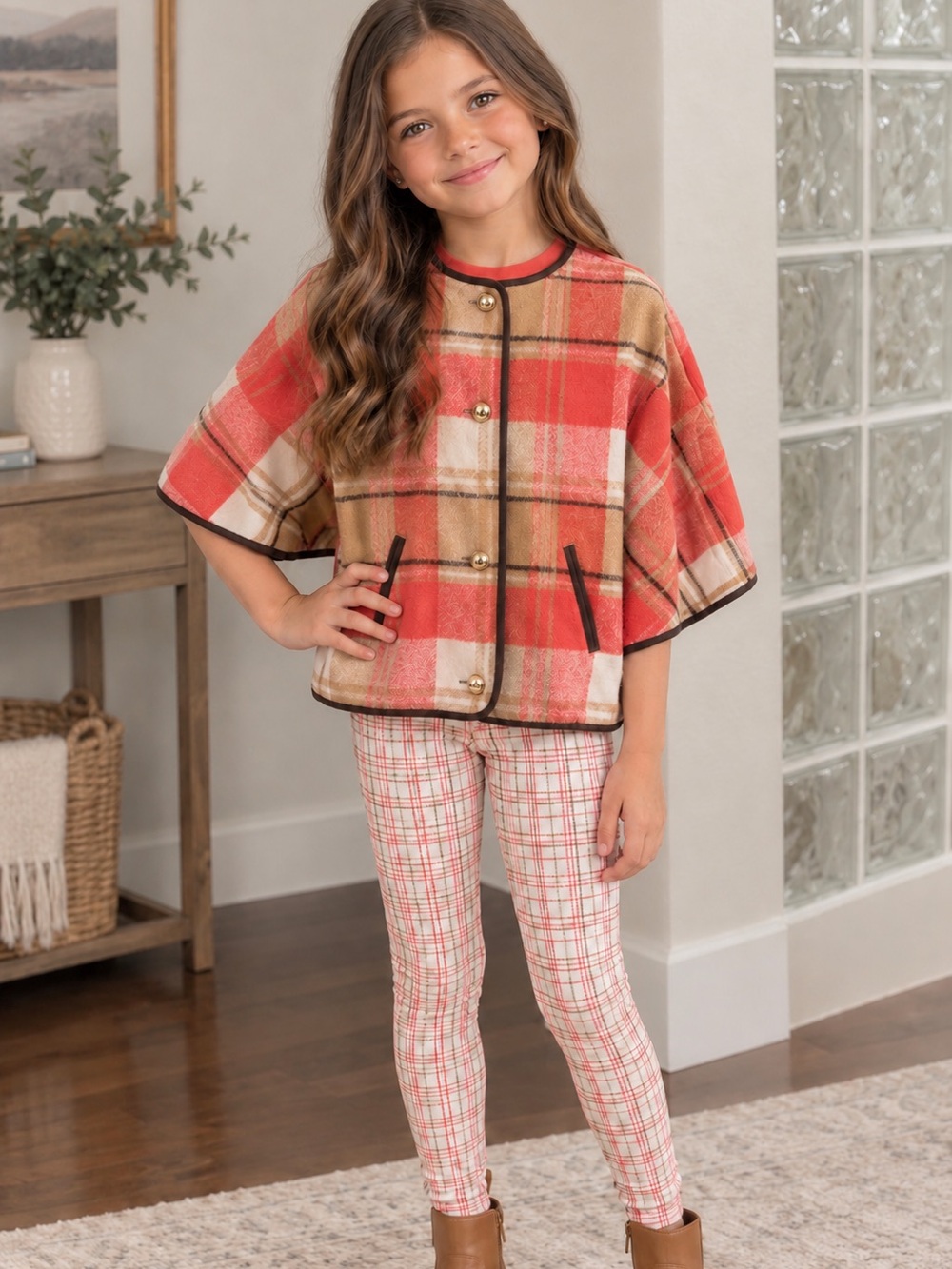 Janie and Jack 7 Coral and Tan Cream Plaid Cape leggings and shirt, socks